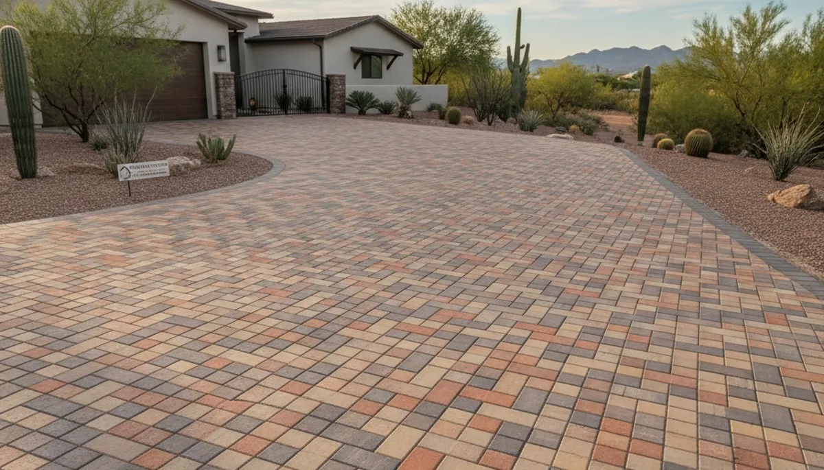 Completed interlocking paver driveway by professional landscapers in Chandler, AZ enhancing curb appeal