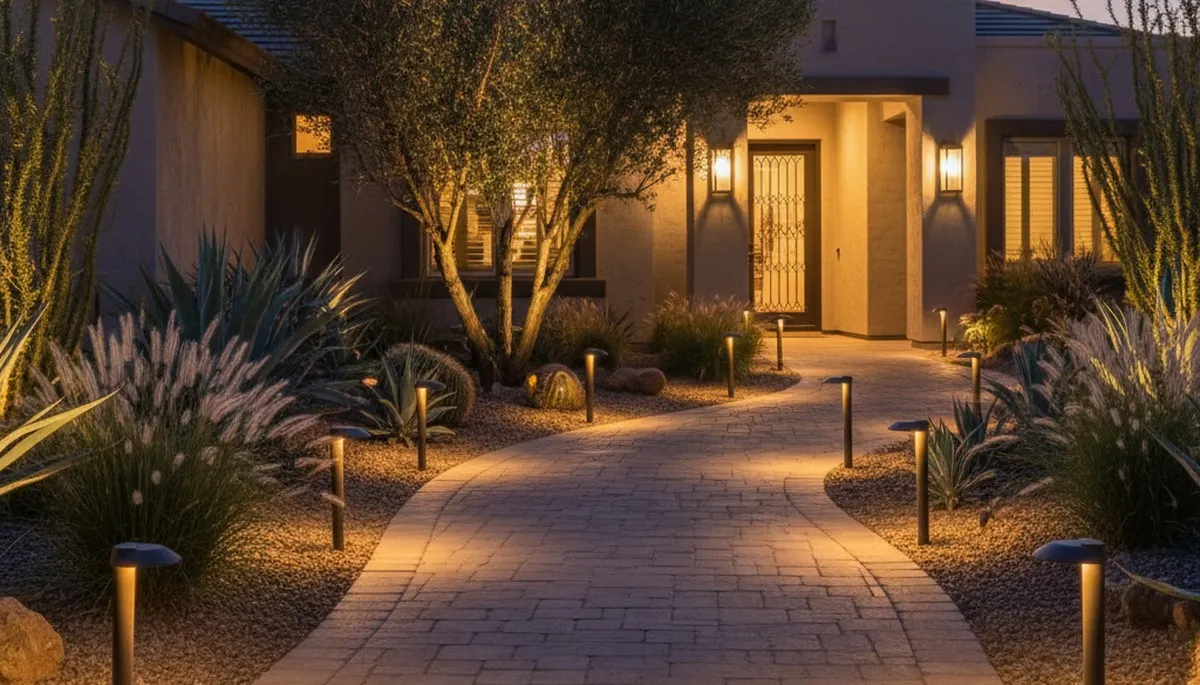 Evening walkway with warm path lights by Chop Chop Landscaping in Chandler, AZ enhancing curb appeal and safety
