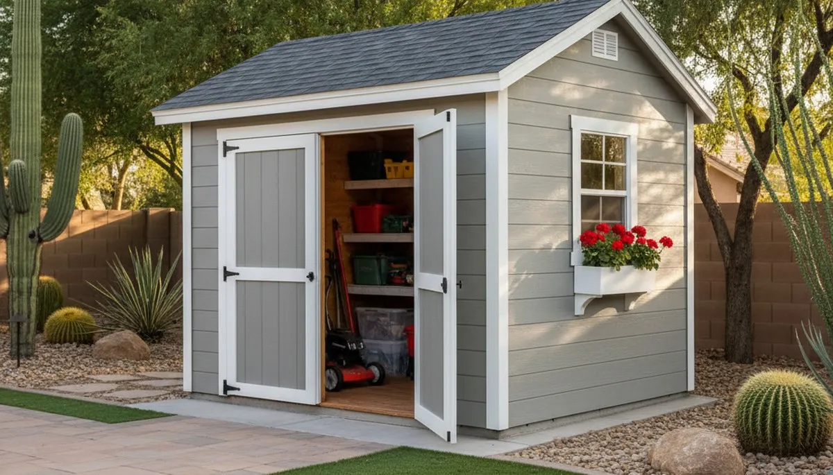New backyard shed installation with finished landscaping in Chandler, AZ by professional landscapers