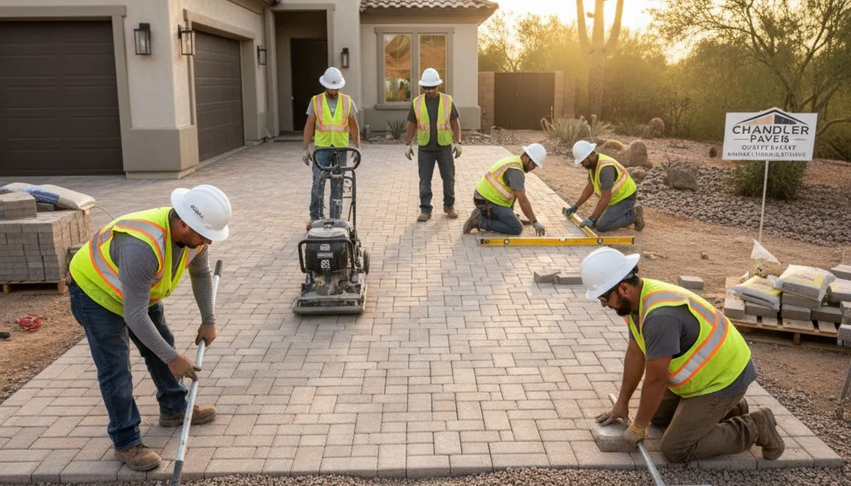 Crew installing driveway pavers in Chandler, AZ with precise leveling and base prep by Chop Chop Landscaping